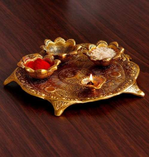 Gold-Toned Swastik Pooja Thali with Bowls & Diya for Diwali 2025 | Handcrafted Metal Ethnic Indian Showpiece
